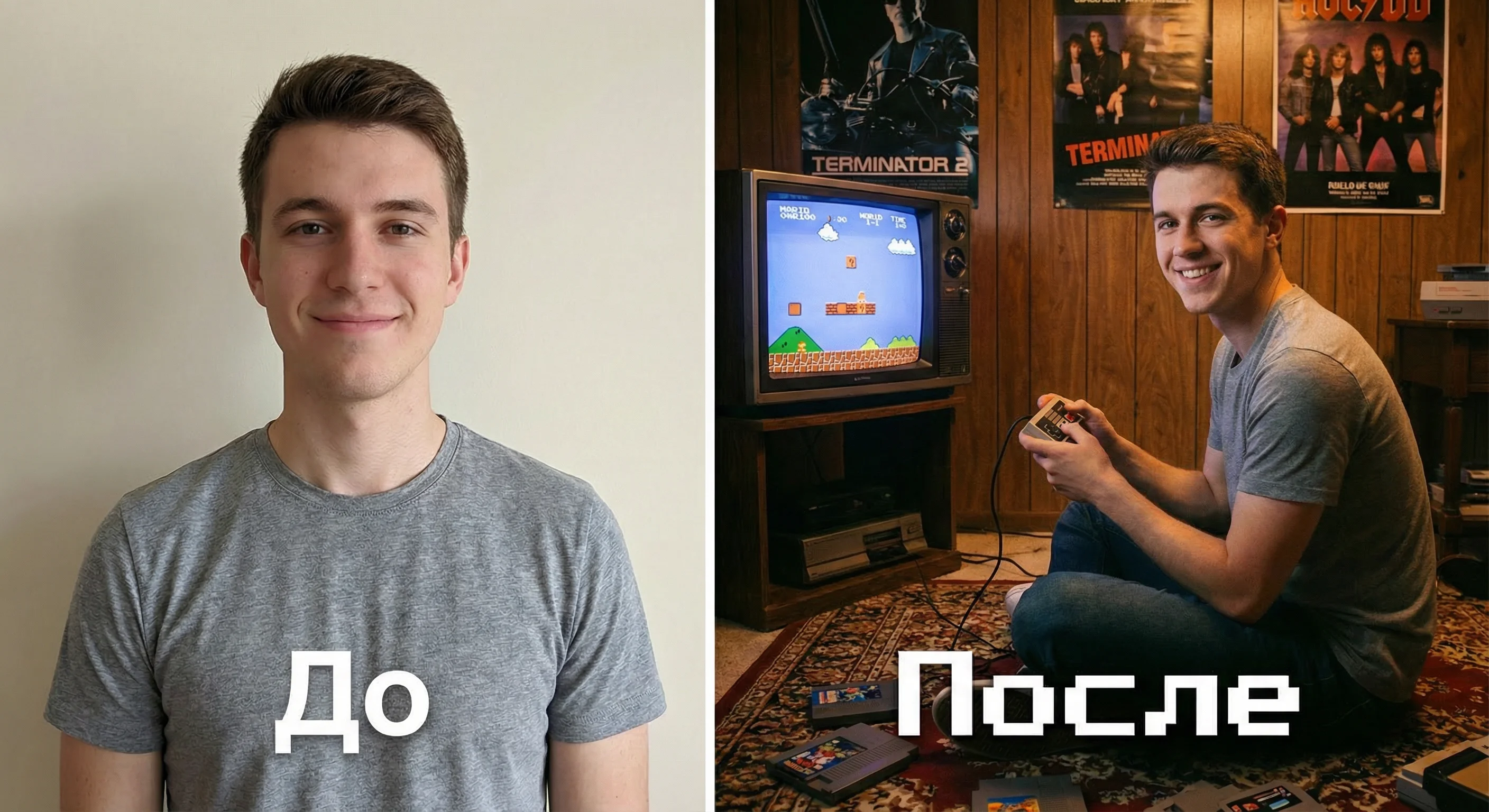 Генерация фото нейросетью Nano Banana Pro: парень играет в Dendy в уютной комнате 90-х, на экране телевизора Марио, пиксель-арт стиль.