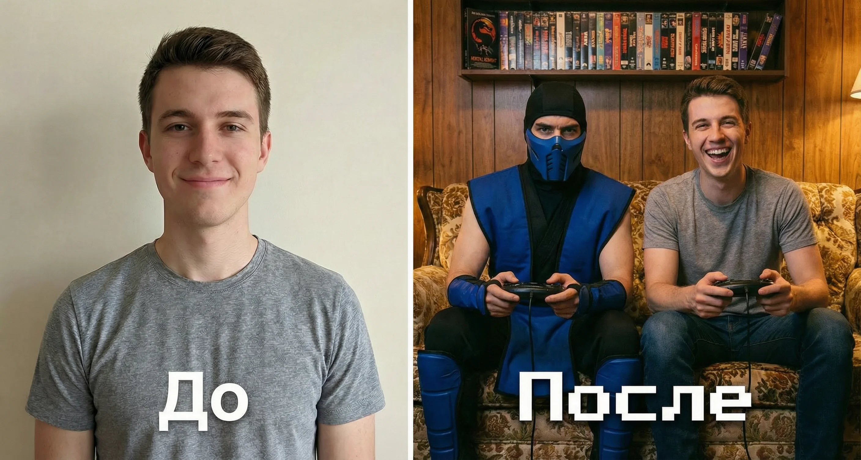 Обработка фото в стиле 90-х: реалистичный косплей Саб-Зиро из Mortal Kombat сидит на диване рядом с парнем, атмосфера Sega Mega Drive.