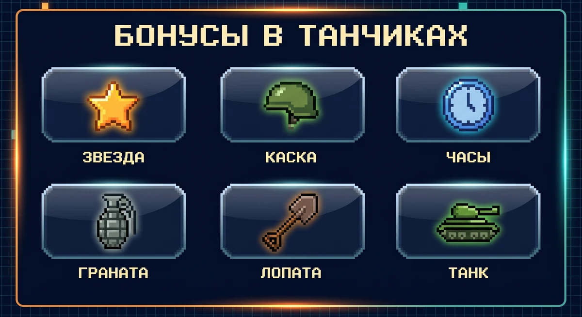 Бонусы в Танчиках: звезда, каска, часы, граната, лопата и танк с описанием