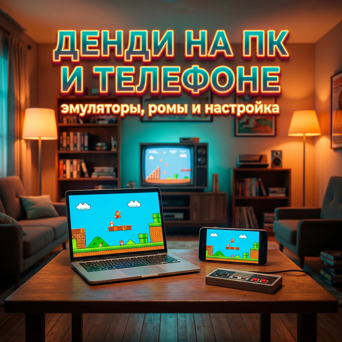 Денди на ПК и телефоне: ноутбук, смартфон и геймпад с пиксельной игрой в комнате 90-х
