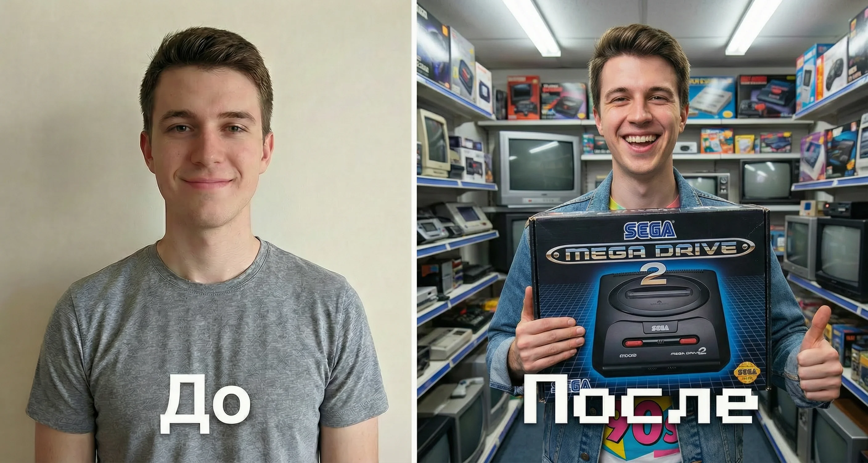 Аватарка в стиле ретро: счастливый парень держит коробку Sega Mega Drive 2, фон магазина электроники 90-х, создано в Nano Banana Pro.