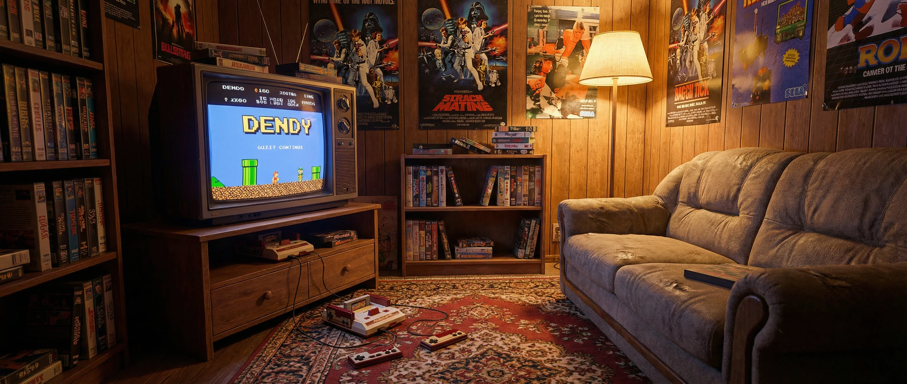 Баннер для статьи: Атмосфера 90-х в квартире, старый ламповый телевизор с приставкой Dendy и Sega, уютная комната с ковром, ретро-гейминг эстетика.